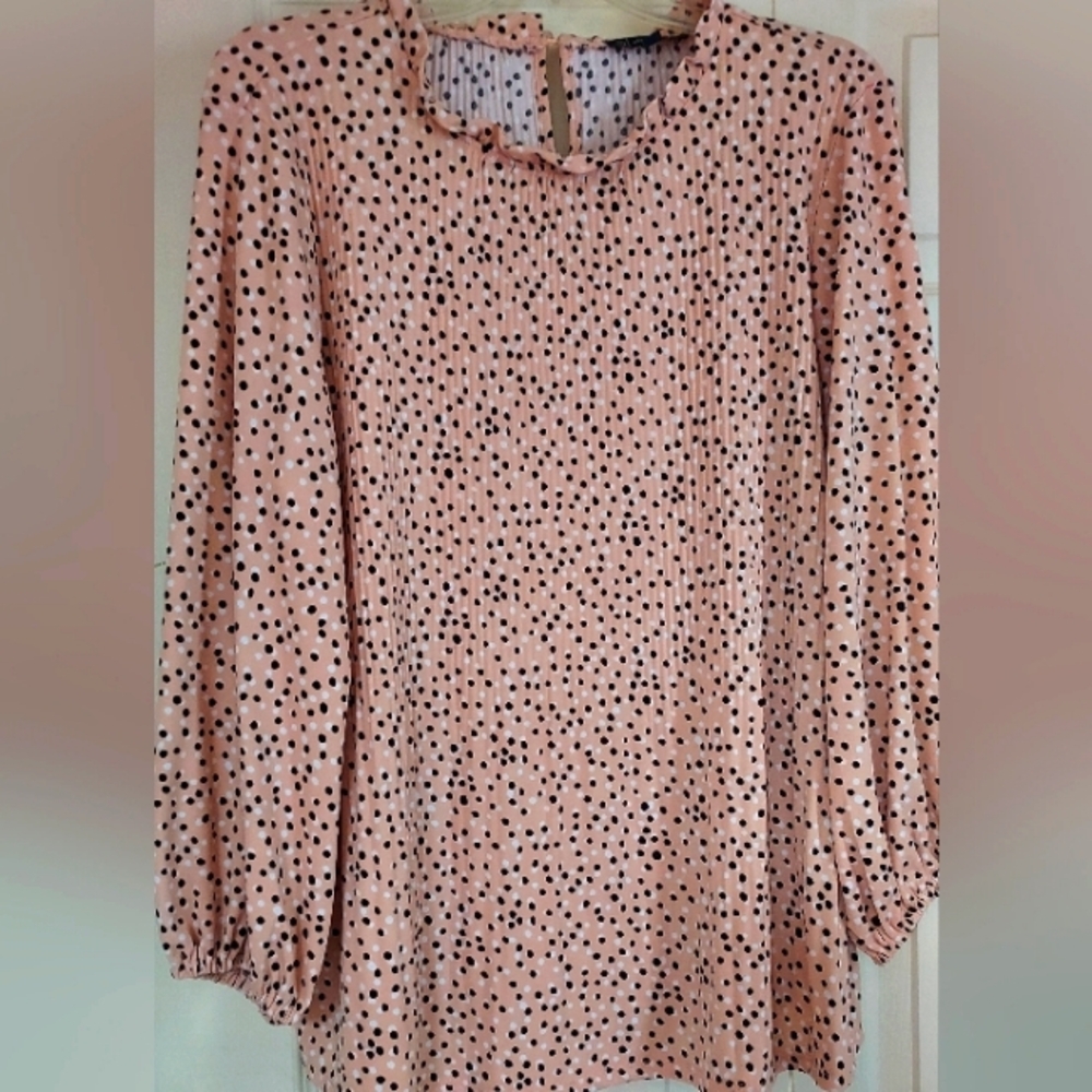 Adrianna Papell Blouse Blush Pink Black Polka Dots Peasant Cottage Ruffle XL